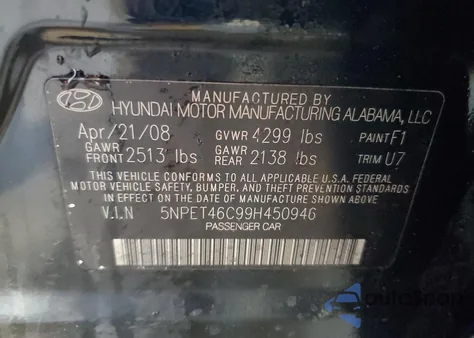 2009 Hyundai Sonata Gls z USA, uszkodzony, nr VIN 5NPET46C99H450946